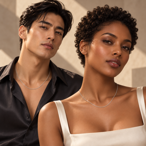 Distinct virtual male and female fashion models wearing the 0.8mm sterling silver box chain — generated styling illustration